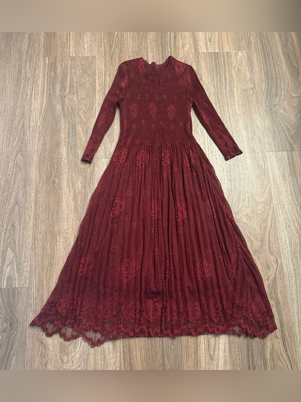 Masaki Matsuka rare accordion pleat burgundy lace dress floral design $795 MSRP
